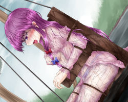 Rule 34 | 1girl, bdsm, bondage, bound, breasts, covered erect nipples, female focus, large breasts, long hair, no bra, open mouth, panties, patchouli knowledge, purple eyes, purple hair, see-through, shimo (depthbomb), slave, solo, tongue, torture, touhou, underwear, very long hair, wet, witch trial