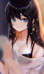 Rule 34 | 1girl, alternate costume, alternate hairstyle, black bra, black hair, blurry, blurry foreground, blush, bra, bra visible through clothes, chromatic aberration, closed mouth, earrings, genshin impact, green eyes, hair down, highres, jewelry, korean commentary, long hair, looking at viewer, mona (genshin impact), moth1, off shoulder, see-through, see-through shirt, shirt, sidelocks, single bare shoulder, solo, sparkle print, star (symbol), star earrings, swept bangs, underwear, upper body, white shirt