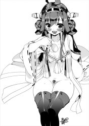 Rule 34 | 10s, 1girl, ahoge, blush, boots, bottomless, breasts, cup, detached sleeves, female pubic hair, greyscale, hairband, hyouju issei, japanese clothes, kantai collection, kongou (kancolle), long hair, looking at viewer, medium breasts, monochrome, navel, open clothes, personification, pubic hair, sitting, smile, solo, teacup, thigh boots, thighhighs, wakamezake, wide sleeves