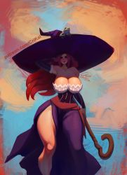 Rule 34 | 1girl, arm up, artist name, black hat, blush, breasts, brown eyes, brown hair, cleavage, crimson kaiserin, dragon&#039;s crown, frog, hat, highres, huge breasts, lips, lipstick, long hair, looking at viewer, makeup, solo, sorceress (dragon&#039;s crown), standing, stick, thick thighs, thighs, wide hips, witch, witch hat