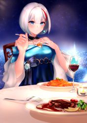 Rule 34 | 1girl, admiral graf spee (a novel anniversary) (azur lane), admiral graf spee (azur lane), azur lane, bad id, bad pixiv id, bare shoulders, blue bow, blue dress, blue eyes, bow, breasts, broccoli, candle, cherry tomato, closed mouth, collarbone, commentary, cup, dress, drinking glass, earrings, eating, english commentary, eyelashes, flower, food, fork, hair between eyes, hand on own chest, highres, jewelry, looking at viewer, medium breasts, multicolored hair, neconel, night, night sky, off-shoulder dress, off shoulder, pasta, plate, potato, potato wedges, red hair, red wine, shawl, short hair, silver hair, sky, smile, solo, spaghetti, star (sky), starry sky, steak, streaked hair, table, tomato, two-tone hair, wine, wine glass