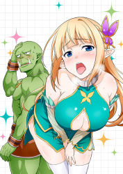 Rule 34 | 1boy, 1girl, backless dress, backless outfit, bare shoulders, blonde hair, blue eyes, blunt bangs, blush, breasts, butterfly hair ornament, cleavage cutout, clothing cutout, collarbone, cowboy shot, detached sleeves, dress, elf, fangs, female pervert, green dress, hair ornament, halterneck, heavy breathing, large breasts, leaning forward, long hair, looking at viewer, looking away, naughty face, open mouth, orc, original, pervert, pointy ears, shorts, thighhighs, tomokichi, tongue, tongue out, white thighhighs, wristband