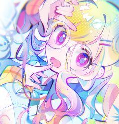 Rule 34 | 1girl, blonde hair, commentary, fingernails, glasses, gradient hair, hairpin, highres, long hair, long sleeves, momomo (m0 3), multicolored hair, multiple hairpins, open mouth, pink eyes, pink hair, project sekai, solo, tenma saki
