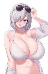 Rule 34 | 1girl, arm up, bikini, blue eyes, breasts, cleavage, collarbone, eyewear on head, grey hair, hair between eyes, hair ornament, hair over one eye, hairclip, hamakaze (kancolle), highres, huge breasts, kantai collection, kuavera, looking at viewer, medium hair, navel, open clothes, open shirt, shirt, skindentation, solo, sunglasses, swimsuit, tongue, tongue out, upper body, white bikini, white shirt