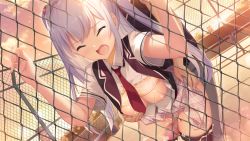 Rule 34 | 1girl, asamori mitsuki, bent over, blood, blush, boku no mirai wa koi to kakin to, bra, bra lift, grabbing another&#039;s breast, breasts, breasts out, censored, chain-link fence, closed eyes, cum, defloration, evening, fence, game cg, grabbing, grabbing from behind, highres, legs, light purple hair, medium breasts, mosaic censoring, nipples, nironiro, open mouth, orgasm, original, outdoors, panties, panty pull, penis, projectile cum, pussy, school uniform, skirt, sky, thighhighs, thighs, twintails, two side up, unbuttoned, unbuttoned shirt, underwear