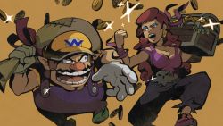 Rule 34 | 1boy, 1girl, bag, baggy pants, belt buckle, black lips, brown hair, buckle, captain syrup, carrying over shoulder, coin, earrings, eyeshadow, facial hair, fist pump, gloves, grin, hat, holding, jewelry, makeup, money, mustache, nintendo, open mouth, overalls, pants, red eyes, rinabe (@rfufvas3phbxkxa), running, sack, smile, sparkle, treasure chest, wario, wario land, wario land: shake it!, yellow background