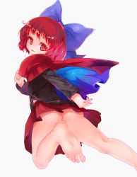 Rule 34 | bare legs, barefoot, blue bow, bow, cape, feet, hair bow, high collar, highres, long sleeves, nail polish, no panties, red cape, red eyes, red hair, red skirt, sekibanki, skirt, soles, solo, toes, touhou, user hsed5747