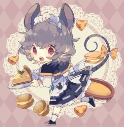 Rule 34 | 1girl, alternate costume, animal ears, apron, argyle, argyle background, argyle clothes, black footwear, black skirt, blush, bow, capelet, cheese, chibi, commentary request, doily, enmaided, food, full body, grey hair, grey vest, highres, holding, holding plate, jewelry, long sleeves, macaron, maid, maid headdress, mouse ears, mouse tail, nazrin, nikorashi-ka, one-hour drawing challenge, open mouth, pendant, plate, red eyes, shirt, shoes, short hair, skirt, socks, solo, tail, tail bow, tail ornament, touhou, vest, waist apron, white shirt, white socks, yellow bow