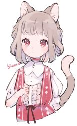 Rule 34 | 1girl, animal ears, artist name, brown hair, cat ears, cat tail, choker, closed mouth, dress, frills, highres, jikuno, original, red choker, red dress, red eyes, shirt, short sleeves, simple background, sketch, solo, tail, upper body, white background, white shirt
