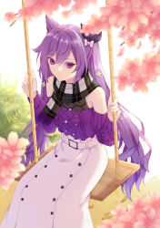 Rule 34 | 1girl, azuyuki, blurry, bow, cherry blossoms, commentary request, depth of field, detached sleeves, double bun, flower, from above, genshin impact, hair between eyes, hair bow, hair bun, hair flower, hair ornament, hair ribbon, highres, holding, keqing (genshin impact), keqing (lantern rite) (genshin impact), long hair, looking at viewer, looking up, petals, plaid, plaid scarf, purple eyes, purple hair, ribbon, scarf, sidelocks, sitting, smile, solo, sweater, swing, twintails