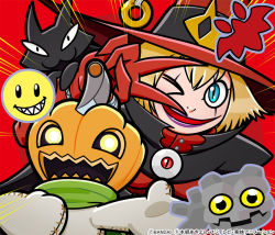 Rule 34 | 1girl, arm up, axe, bandai, bat (animal), blonde hair, cape, cat, copyright name, digimon, digimon (creature), empty eyes, gloves, glowing, glowing eyes, gottsumon, grin, halloween, hat, jack-o&#039;-lantern, multiple others, no humans, official art, one eye closed, open mouth, promotional art, pumpkin, pumpmon, sharp teeth, sky, smile, solo, teeth, v, weapon, wind, wink, witch, witch hat, witchmon, yellow eyes
