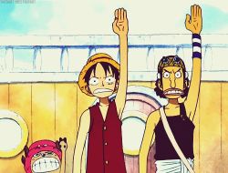 Rule 34 | 2boys, animated, animated gif, black hair, goggles, goggles on head, going merry, hand up, hat, lowres, male focus, monkey d. luffy, multiple boys, one piece, overalls, pink headwear, sash, ship, straw hat, tony tony chopper, usopp, vest, watercraft, x (symbol)