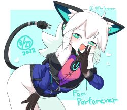 Rule 34 | 1girl, :d, ahoge, animal ears, blue background, blue eyes, blue jacket, blush, borrowed character, bottomless, cable, cable tail, cat ears, cat girl, colored skin, commentary request, cowboy shot, dated, digitan (porforever), electric plug tail, fang, furrification, furry, furry female, hand up, heart, highres, jacket, leaning forward, lets0020, long hair, looking at viewer, mechanical tail, off shoulder, open clothes, open jacket, open mouth, original, pink shirt, shirt, simple background, sleeveless, sleeveless shirt, smile, smug, solo, star-shaped pupils, star (symbol), symbol-shaped pupils, tail, two-tone background, whiskers, white background, white hair, white skin
