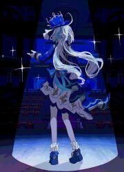 Rule 34 | 1girl, ahoge, blue dress, blue footwear, blue hair, blue hat, blue theme, color banding, dress, facing away, from behind, full body, furina (genshin impact), genshin impact, gloves, hand up, hat, heel up, highres, indoors, legs apart, long hair, long sleeves, multicolored hair, shoes, sketch, solo, sparkle, spotlight, stage, standing, streaked hair, top hat, uuozzo, very long hair, white gloves