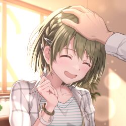 Rule 34 | 1boy, 1girl, ^ ^, blush, bracelet, braid, closed eyes, commentary request, green hair, hand on another&#039;s head, headpat, hetero, idolmaster, idolmaster shiny colors, indoors, jacket, jewelry, macha0331, nanakusa nichika, plaid, plaid jacket, shirt, short hair, smile, solo focus, striped clothes, striped shirt, sunlight, upper body