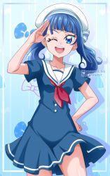 Rule 34 | 1girl, ;d, alternate hairstyle, beret, blue background, blue dress, blue eyes, blue hair, commentary, cowboy shot, cut bangs, dated, dress, hand on own hip, hanzou, hat, highres, hirogaru sky! precure, looking at viewer, medium hair, neckerchief, one eye closed, open mouth, precure, red neckerchief, sailor collar, sailor dress, salute, shadow, short dress, short sleeves, single horizontal stripe, smile, solo, sora harewataru, standing, twintails, twitter username, white hat, white sailor collar
