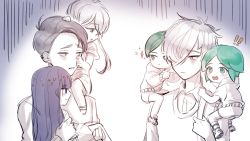Rule 34 | androgynous, antarcticite, bad id, bad twitter id, blue eyes, blue hair, cairngorm (houseki no kuni), casual, child, dual persona, gender request, ghost quartz (houseki no kuni), green eyes, green hair, grey eyes, grey hair, highres, houseki no kuni, lapis lazuli (houseki no kuni), long hair, phosphophyllite, short hair, sitting, sitting on person, time paradox, white eyes, white hair, aged down