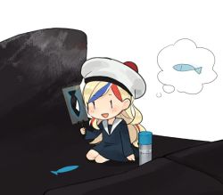 Rule 34 | 1girl, :d, annin musou, bad id, bad twitter id, beret, black dress, blonde hair, blue eyes, blue hair, commandant teste (kancolle), commentary, dress, hat, holding, kantai collection, long hair, long sleeves, open mouth, paint, pom pom (clothes), red hair, smile, solo, white hair