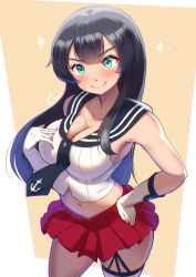 Rule 34 | 1girl, agano (kancolle), anchor symbol, aqua eyes, black hair, black necktie, black sailor collar, blush, breasts, cleavage, closed mouth, collarbone, gloves, hand on own hip, kantai collection, large breasts, long hair, maku ro, navel, necktie, pleated skirt, red skirt, sailor collar, skirt, smile, solo, white gloves