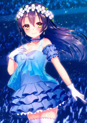 Rule 34 | 1girl, absurdres, bare shoulders, blue dress, blue hair, blush, breasts, choker, cowboy shot, dress, earrings, flower, gloves, hair between eyes, hair ornament, hand on own chest, head wreath, highres, huge filesize, jewelry, long hair, looking at viewer, love live!, love live! school idol project, moyui (myi 005), non-web source, scan, small breasts, smile, solo, sonoda umi, thighhighs, white gloves, white thighhighs, yellow eyes, yume no tobira