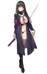 Rule 34 | 1girl, armband, belt, bikini, bikini bottom only, black bikini, black coat, black footwear, black hair, black thighhighs, blush, boots, breasts, brown thighhighs, cleavage, closed mouth, coat, collarbone, copyright request, full body, groin, holding, holding sword, holding weapon, katana, large breasts, long hair, long sleeves, looking at viewer, navel, no bra, open clothes, open coat, original, popqn, revealing clothes, reverse grip, sailor collar, simple background, solo, standing, string bikini, swimsuit, sword, thighhighs, thighs, turtleneck, v-shaped eyebrows, weapon, white background, yellow eyes