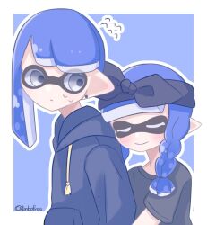 Rule 34 | 1boy, 1girl, artist name, black bow, black hairband, blue background, blue hair, border, bow, bow hairband, braid, closed eyes, closed mouth, commentary request, grey eyes, hair bow, hairband, hug, inkling, inkling boy, inkling girl, inkling player character, long hair, nintendo, outside border, pointy ears, simple background, single braid, smile, splatoon (series), sweat, tentacle hair, tonbofree, twitter username, white border