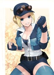 Rule 34 | 1girl, akisa yositake, baseball cap, blonde hair, blue eyes, blue gloves, blue jacket, blue shorts, breasts, cleavage, clenched hand, cropped jacket, eyewear on head, final fight, fingerless gloves, gloves, hat, jacket, large breasts, lucia morgan, medium breasts, police, police uniform, policewoman, shorts, solo, street fighter, street fighter v, sunglasses, thighhighs, uniform
