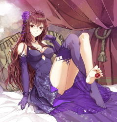 Rule 34 | 1girl, bed sheet, between toes, blush, breasts, brown hair, cherry, crossed legs, curtains, dress, elbow gloves, fate/grand order, fate (series), flower, food, fruit, gloves, hair between eyes, hair flower, hair ornament, highres, indoors, jh, light smile, long hair, looking at viewer, medium breasts, on bed, parted lips, pillow, purple dress, purple eyes, purple flower, purple gloves, purple thighhighs, scathach (fate), scathach (formal dress) (fate), single thighhigh, sitting, smile, soles, solo, thighhighs, thighs, tiara