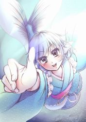 Rule 34 | 1girl, blue eyes, blue hair, blush, breasts, collarbone, colored eyelashes, curly hair, fingernails, fins, foreshortening, head fins, highres, japanese clothes, kanzakietc, kimono, light rays, looking at viewer, matching hair/eyes, mermaid, monster girl, obi, open mouth, pov, reaching, reaching towards viewer, sash, seafloor, short hair, small breasts, smile, solo, teeth, tongue, touhou, underwater, wakasagihime