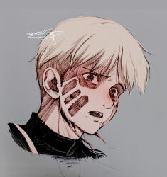 Rule 34 | 1boy, absurdres, armin arlert, bags under eyes, blonde hair, blue eyes, bowl cut, commentary request, empty eyes, from side, grey background, hatching (texture), heart, highres, linear hatching, male focus, open mouth, portrait, sad, sayo nara drawing, scar, scar on face, shingeki no kyojin, short hair, signature, simple background, solo, teeth, titan shifter scars, torn skin, undercut, upper teeth only