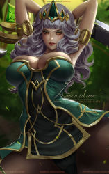 Rule 34 | 1girl, armpits, arms up, black panties, breasts, cleavage, crown, large breasts, league of legends, lexaiduer, looking at viewer, low neckline, narrow waist, panties, pantyshot, qiyana (league of legends), signature, skindentation, solo, spread legs, tagme, underwear, white hair, wide hips, yellow eyes