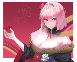 Rule 34 | 1girl, absurdres, bare shoulders, black kimono, blunt bangs, blush, border, breasts, cleavage, closed mouth, collarbone, commentary, cup, detached collar, english commentary, flower, hair flower, hair ornament, hairband, hand up, highres, holding, holding cup, hololive, hololive english, japanese clothes, kimono, large breasts, lessone, looking at viewer, mori calliope, mori calliope (new year), nail polish, neck ribbon, new year, obi, off shoulder, official alternate costume, official alternate hair length, official alternate hairstyle, pink hair, pink nails, red eyes, red flower, red rose, ribbon, rose, sakazuki, sash, short hair, solo, upper body, virtual youtuber, white border, white ribbon