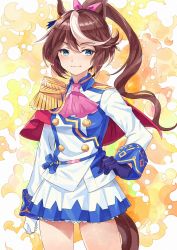Rule 34 | 1girl, absurdres, animal ears, ascot, asymmetrical gloves, blue eyes, blue gloves, blush, breasts, brown hair, cape, gloves, hair ribbon, hand on own hip, highres, horse ears, horse girl, horse tail, jacket, kanmiya shinobu, long hair, long sleeves, mismatched gloves, multicolored hair, pink ascot, red cape, ribbon, sidelocks, simple background, skirt, small breasts, smile, solo, streaked hair, tail, tokai teio (umamusume), umamusume, white gloves, white hair