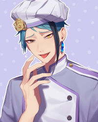 Rule 34 | 13 (bbr584607091), 1boy, aqua hair, black hair, brown eyes, chef hat, earrings, hat, heterochromia, highres, jacket, jade leech, jewelry, licking, licking finger, looking at viewer, male focus, multicolored clothes, multicolored hair, multicolored jacket, official alternate costume, open mouth, outline, purple background, purple jacket, sharp teeth, simple background, single earring, solo, streaked hair, teeth, tongue, tongue out, twisted wonderland, two-tone jacket, upper body, white jacket, yellow eyes