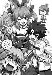 Rule 34 | +++, 1boy, 3girls, ^^^, anger vein, animal ear fluff, animal ears, annoyed, bare shoulders, bell, belt, blush, bow, breasts, chaldea uniform, chibi, cleavage, coat, collar, commentary request, eyelashes, fangs, fate/extra, fate/grand order, fate (series), flustered, fox ears, fox girl, fox tail, frown, fujimaru ritsuka (male), glasses, greyscale, hair between eyes, hair bow, hand on another&#039;s shoulder, highres, japanese clothes, jingle bell, kimono, kusama takato, large breasts, long hair, long sleeves, looking at another, looking at viewer, mash kyrielight, monochrome, multiple girls, neck bell, necktie, obi, one eye closed, open mouth, sash, shadow, shirt, short hair, sidelocks, smile, split ponytail, spoken anger vein, standing, sweat, sweatdrop, tail, tamamo (fate), tamamo cat (fate), tamamo no mae (fate/extra), thighhighs, v, v-shaped eyebrows