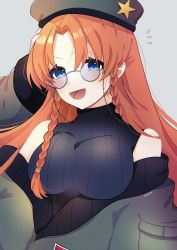 Rule 34 | 1girl, :d, alternate costume, bare shoulders, bespectacled, braid, breasts, glasses, grey background, hat, hat ornament, highres, hong meiling, long hair, medium breasts, necono (nyu6poko), off shoulder, open mouth, ribbed sweater, round eyewear, smile, solo, star (symbol), star hat ornament, sweater, touhou, turtleneck, twin braids