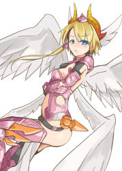 Rule 34 | 1girl, armor, blonde hair, blue eyes, blush, breasts, crossed arms, gauntlets, greaves, hair ornament, memento vivi, minerva (p&amp;d), navel, pelvic curtain, puzzle &amp; dragons, short hair, small breasts, solo, thighhighs, wings
