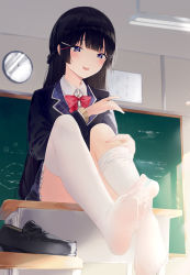 Rule 34 | 1girl, after footjob, black footwear, black hair, blue cardigan, blue eyes, blue skirt, blunt bangs, blush, bow, bowtie, cardigan, chalkboard, classroom, clock, commentary request, convenient leg, cum, cum on body, cum on feet, cum on legwear, desk, feet, full body, hair ornament, hairclip, hand on leg, hand up, highres, hime cut, indoors, kou futoshi, legs, loafers, long hair, looking at viewer, nijisanji, no shoes, on desk, open mouth, plaid, plaid skirt, red bow, red bowtie, removing legwear, school desk, school uniform, shirt, shoes, sitting, on desk, skirt, soles, solo, spread toes, thighhighs, thighs, toes, tsukino mito, tsukino mito (1st costume), unworn shoes, virtual youtuber, white shirt, white thighhighs
