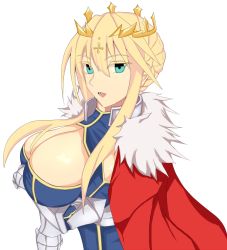 Rule 34 | 1girl, aqua eyes, armor, artoria pendragon (fate), artoria pendragon (lancer) (fate), bad id, bad pixiv id, blonde hair, braid, breast hold, breasts, cape, cleavage, crossed arms, crown, fate/grand order, fate (series), fur-trimmed cape, fur trim, green eyes, huge breasts, large breasts, long hair, looking at viewer, open mouth, solo, white background