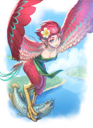 Rule 34 | 1girl, animal, animal feet, arowana, bird legs, bird tail, blood, breasts, cleavage, commentary request, dress, earrings, feathered wings, feathers, fish, flower, flying, green dress, green eyes, hair flower, hair ornament, harpy, hata (pixiv4102938), highres, holding, holding animal, holding fish, holding with feet, hoop earrings, jewelry, medium breasts, monster girl, necklace, original, outdoors, red feathers, red hair, red wings, river, short hair, solo, tail, talons, winged arms, wings