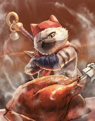 Rule 34 | animal focus, bell, cat, chicken (food), closed mouth, crossed arms, felyne, food, food focus, fur, hat, highres, jingle bell, kuroi susumu, looking at viewer, meowscular chef, monster hunter, monster hunter: world, monster hunter (series), no humans, one eye closed, scar, scar across eye, scar on face, scarf, solo, standing, steam, upper body, weapon, weapon on back, yellow eyes