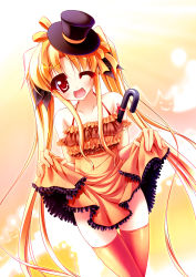 Rule 34 | 00s, 1girl, bad id, bad pixiv id, bare shoulders, blonde hair, cane, clothes lift, dress, dress lift, elbow gloves, fate testarossa, frills, gloves, hat, long hair, lyrical nanoha, mahou shoujo lyrical nanoha, mini hat, mini top hat, one eye closed, red eyes, smile, solo, teruui, thighhighs, top hat, twintails, very long hair, wink, zettai ryouiki