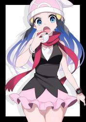 Rule 34 | 1girl, bad id, bad twitter id, black hair, black shirt, blue eyes, blue hair, cowboy shot, creatures (company), dawn (pokemon), floating hair, frilled skirt, frills, game freak, hat, highres, holding, holding poke ball, long hair, looking at viewer, miniskirt, multicolored hair, nintendo, open mouth, pink skirt, poke ball, poke ball print, pokemon, pokemon dppt, shadow, shirt, skirt, sleeveless, sleeveless shirt, solo, standing, thigh gap, two-tone hair, white background, white hat, yuihico