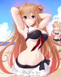 Rule 34 | 0 0, 2girls, armpits, arms behind head, beach, bikini, bikini bottom only, bikini skirt, black bikini, blush, breasts, brown eyes, closed mouth, day, dd (ijigendd), hair flaps, hair ornament, hair tie, hairclip, heterochromia, highres, kantai collection, large breasts, light brown hair, long hair, looking at viewer, medium breasts, multiple girls, murasame (kancolle), navel, open mouth, outdoors, poi, red eyes, red hair, smile, solo focus, surprised, swimsuit, two-tone swimsuit, two side up, very long hair, white bikini, wide hips, yuudachi (kancolle)