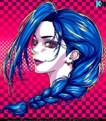 Rule 34 | 1girl, absurdres, artist name, asymmetrical bangs, blue hair, checkered background, closed mouth, cropped head, ear piercing, earrings, eyelashes, highres, jewelry, jinx (league of legends), koiarts, league of legends, long hair, pale skin, piercing, pink background, pink eyes, purple background, red lips, shiny lips, smile, solo