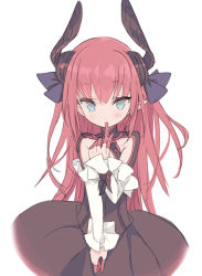 Rule 34 | 10s, 1girl, black dress, black ribbon, blade (galaxist), blue eyes, blush, cowboy shot, detached sleeves, dress, elizabeth bathory (fate), elizabeth bathory (fate/extra ccc), elizabeth bathory (first ascension) (fate), fate/extra, fate/extra ccc, fate/grand order, fate (series), finger to mouth, frilled sleeves, frills, hair ribbon, horns, long hair, long sleeves, looking at viewer, pointy ears, red hair, ribbon, simple background, solo, very long hair, white background, wrist cuffs