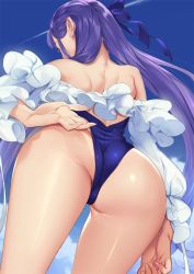 Rule 34 | 1girl, adjusting clothes, adjusting swimsuit, ass, ass focus, back, backless outfit, bare back, bare shoulders, blue one-piece swimsuit, cloud, day, detached sleeves, fate/grand order, fate (series), frilled sleeves, frills, from below, hair ribbon, highleg, highleg swimsuit, highres, huge ass, long hair, meltryllis, meltryllis (fate), meltryllis (swimsuit lancer) (fate), meltryllis (swimsuit lancer) (second ascension) (fate), mhk (mechamania), one-piece swimsuit, purple hair, ribbon, shoulder blades, sky, solo, strapless, strapless one-piece swimsuit, swimsuit, thick thighs, thighs, very long hair