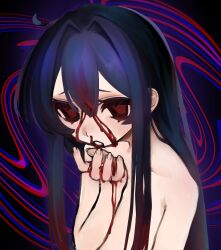 Rule 34 | 1girl, abstract background, black background, black hair, bleeding, blood, blood in hair, blood on face, blood on hands, blue background, commentary request, completely nude, furrowed brow, gradient hair, hair intakes, half-closed eyes, hand up, highres, looking at viewer, multicolored background, multicolored hair, no pupils, nosebleed, nude, open mouth, original, raised eyebrows, red background, red eyes, red hair, sidelocks, solo, thick eyelashes, uee m, upper body