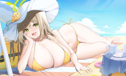 Rule 34 | 1girl, :d, absurdres, beach, beach towel, bikini, blonde hair, blue archive, blue sky, breast rest, breasts, cleavage, cloud, cup, day, elbow rest, flower, green eyes, halo, hat, hat flower, highres, huge breasts, long hair, looking at viewer, lying, navel, nonomi (blue archive), nonomi (swimsuit) (blue archive), ocean, on side, open mouth, outdoors, rose, samart, sand, side-tie bikini bottom, skindentation, sky, smile, solo, stomach, strap gap, suitcase, sun hat, swimsuit, table, tablecloth, towel, twisted torso, white hat, yellow bikini, yellow flower, yellow rose