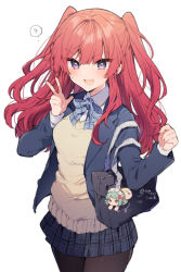 Rule 34 | 1girl, ?, bag, bag charm, black jacket, black pantyhose, blazer, blue bow, blue skirt, bow, breasts, character charm, charm (object), collared shirt, hair between eyes, hands up, highres, ikeuchi tanuma, jacket, long hair, long sleeves, medium breasts, nail polish, open clothes, open jacket, original, pantyhose, pleated skirt, purple eyes, red hair, red nails, school bag, school uniform, shirt, simple background, skirt, solo, spoken question mark, sweater vest, twitter username, two side up, v, v-shaped eyebrows, very long hair, white background, white shirt
